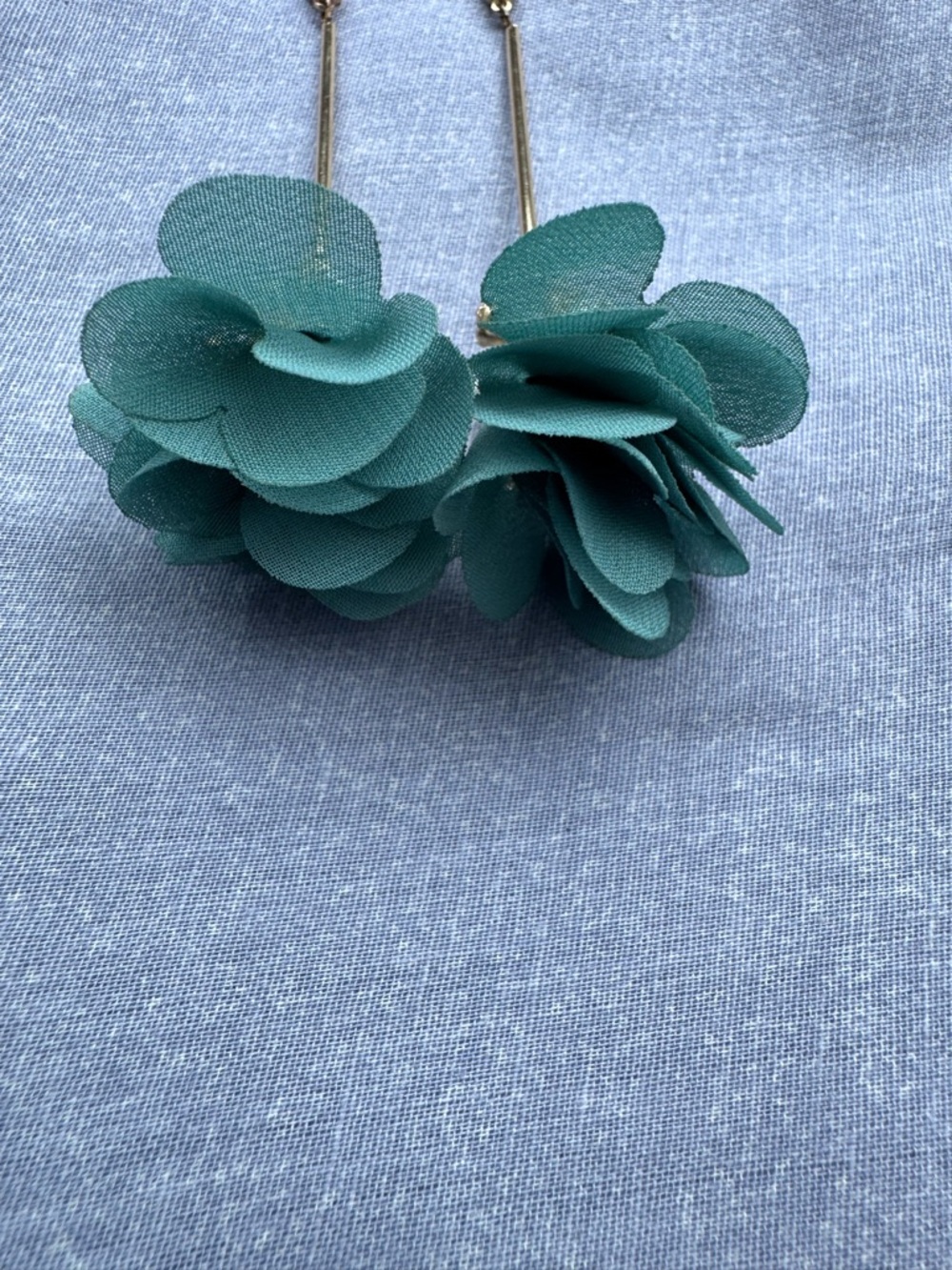 Drop Earrings with Teal Fabric Petals and beading - Picture 5 of 9